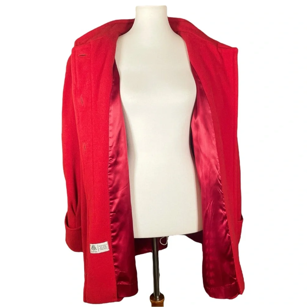 100% Wool Swing Coat Cape coat, size unknown. Vintage red stand up high collar - Picture 11 of 16
